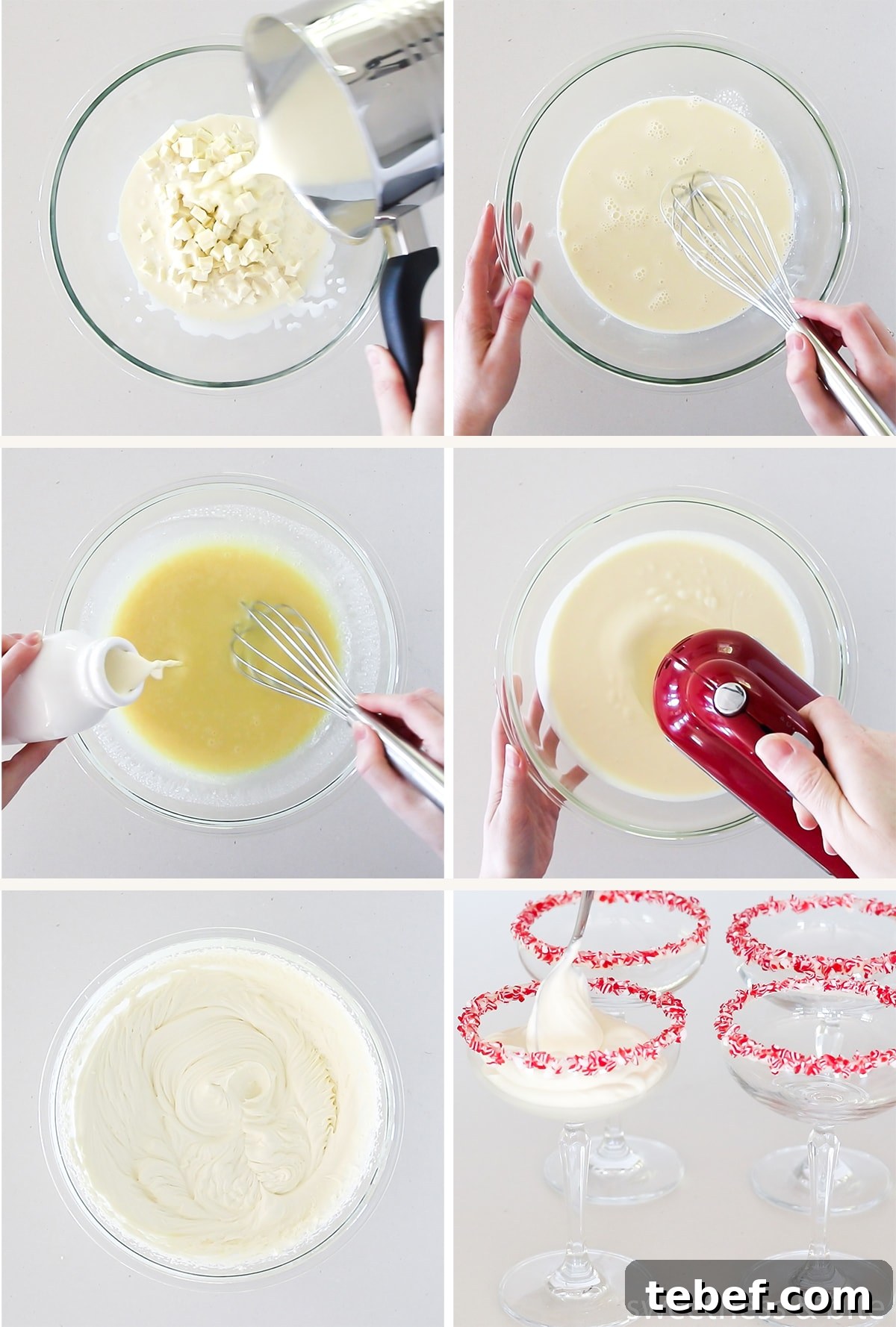 Creamy Peppermint Mousse Recipe for Festive Desserts 5 A collage of six images showing the steps in the recipe.