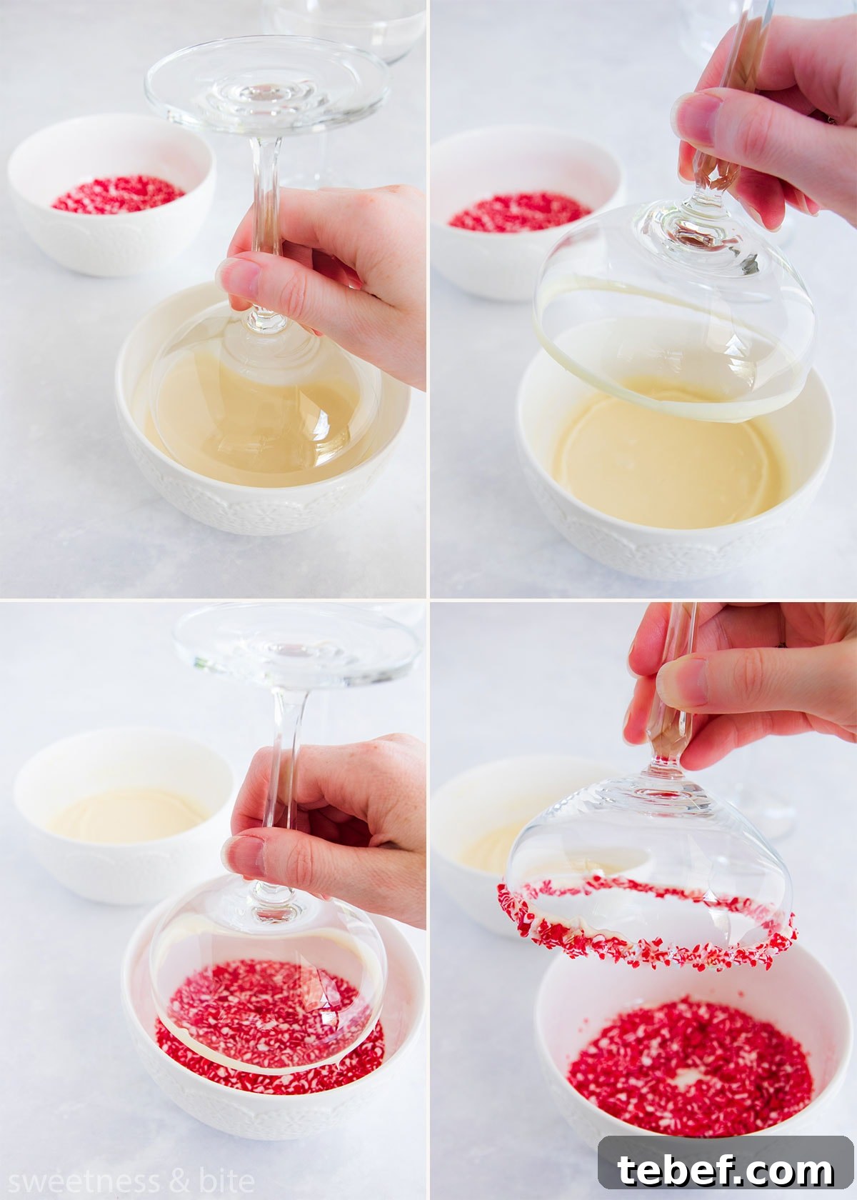 Creamy Peppermint Mousse Recipe for Festive Desserts 7 Collage of four photos showing cocktail glasses being dipped in melted white chocolate and crushed candy canes.