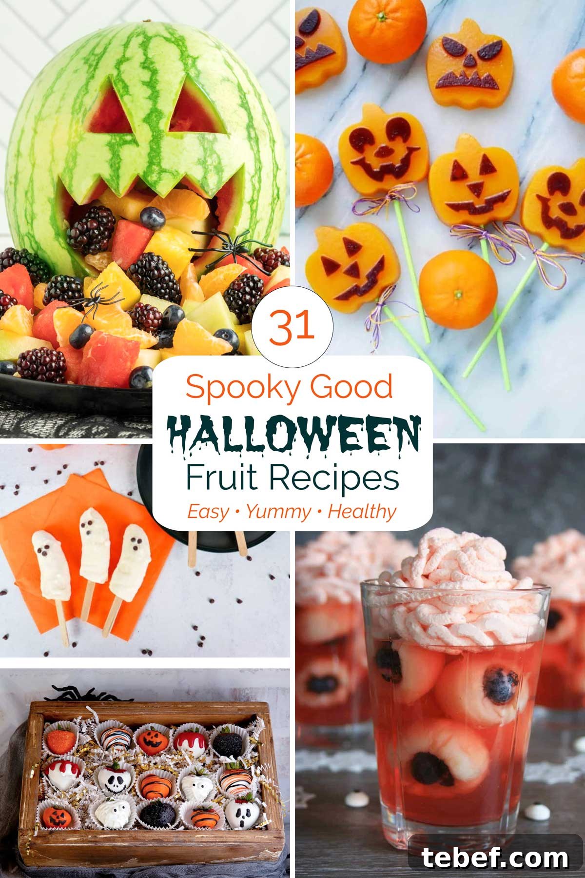 31 Halloween Fruit Recipes for Spooky Snacks, Treats & Party Bites 2 Collage showcasing five recipes with text overlay '31 Spooky Good Halloween Fruit Recipes Easy Yummy Healthy'.