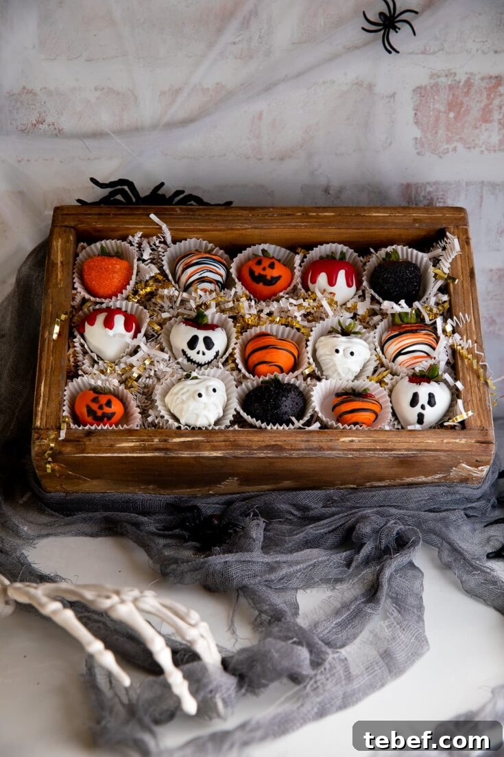 Wooden box holding variety of dipped strawberries, surrounded by Halloween decor.