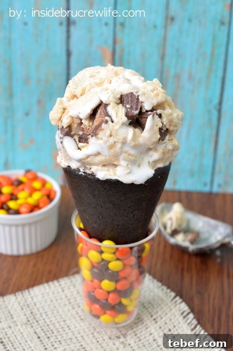 A chocolate cone filled with peanut butter ice cream.