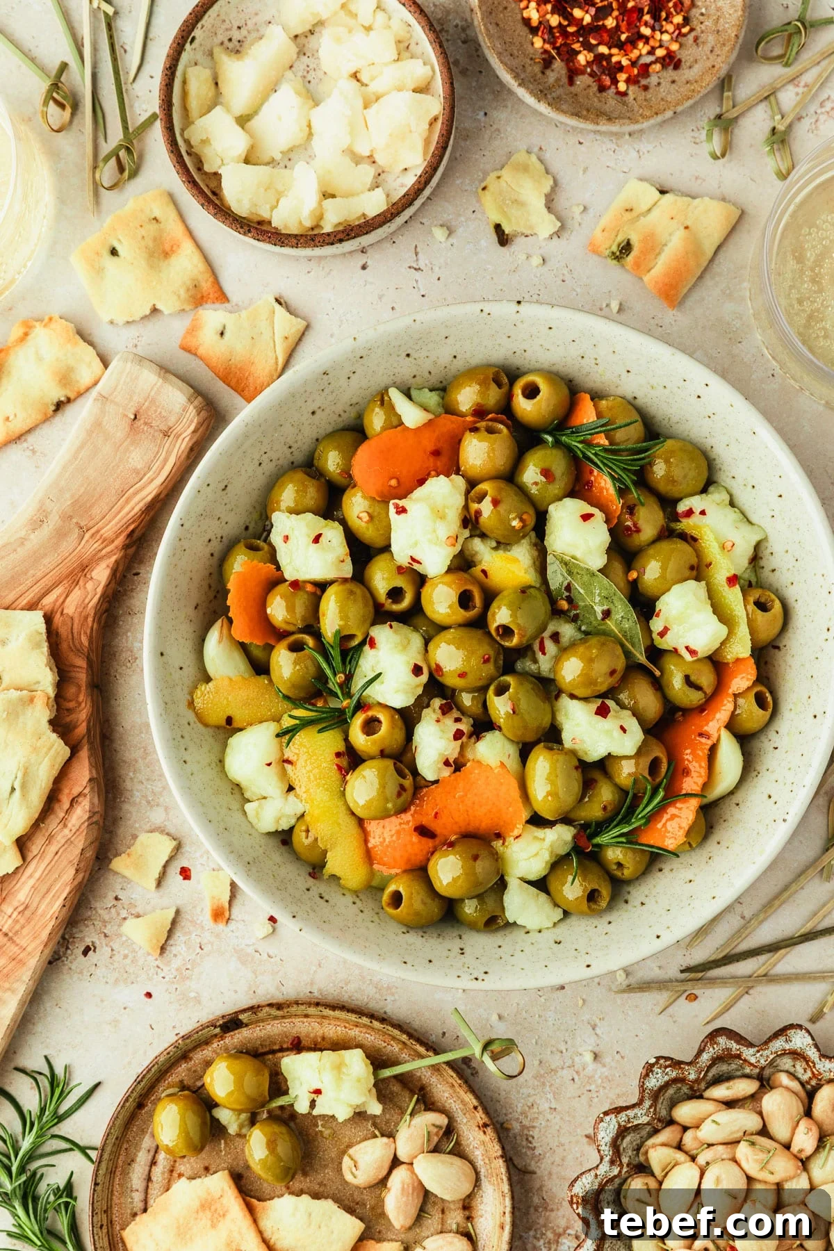 Citrus-Marinated Spanish Olives with Manchego Cheese 2 A white bowl of marinated Spanish olives and manchego on a tan counter next to glasses of cider, a wood board of crackers, and brown bowls of almonds, cheese, and pepper flakes.