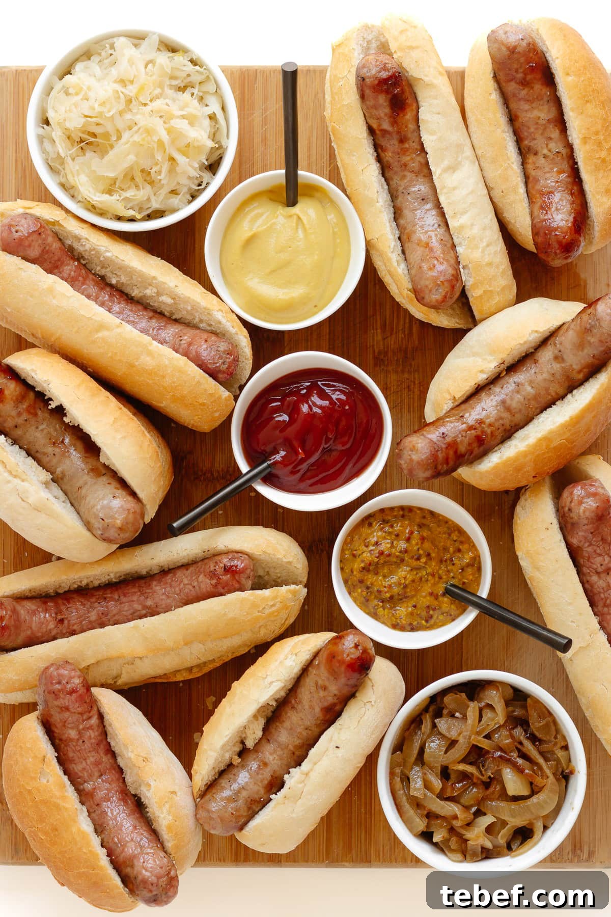 Grilled Bratwurst: Two Proven Methods for Perfect Brats 2 Wooden board covered with grilled brats in buns and small bowls of various toppings.