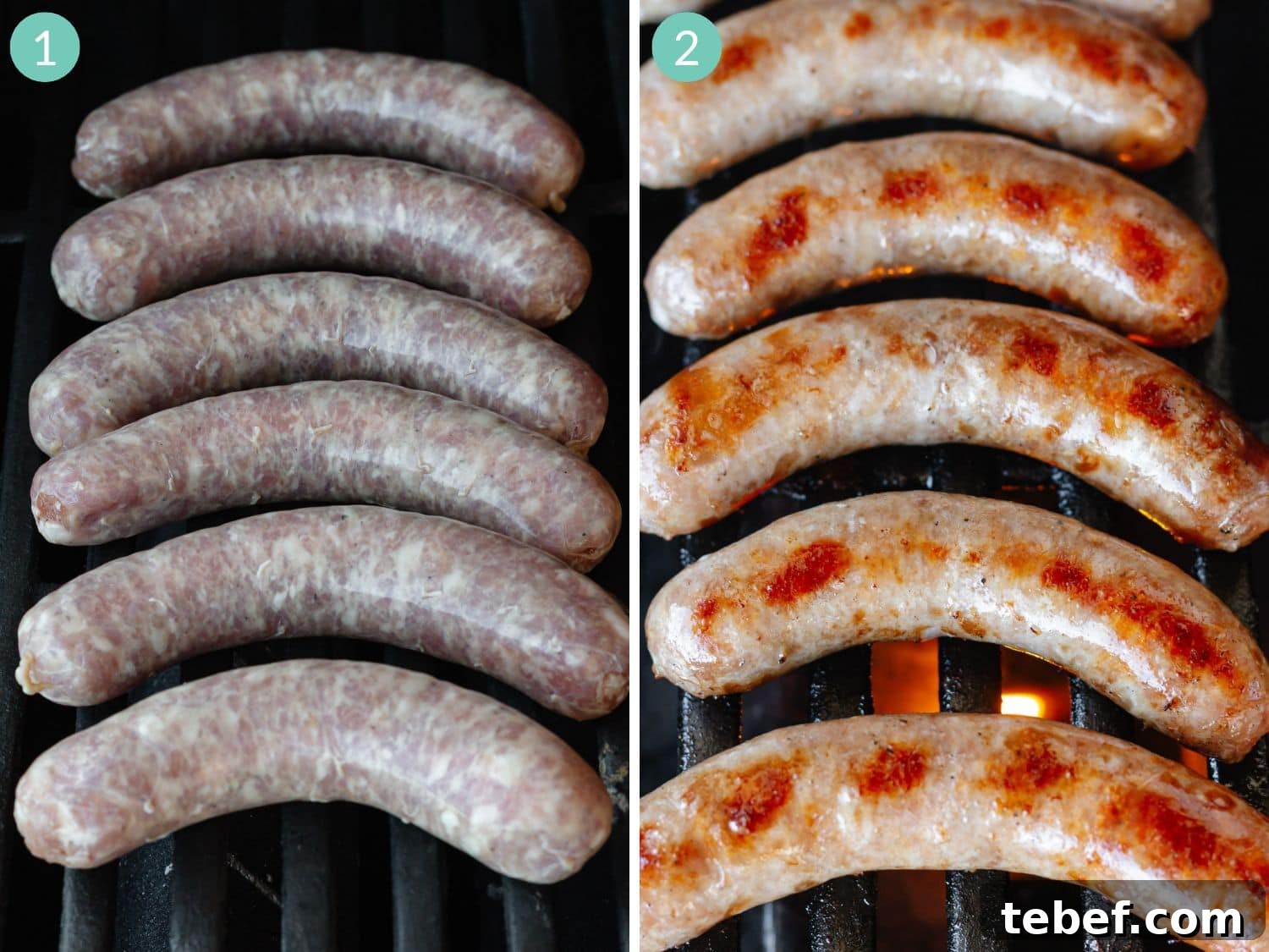 Grilled Bratwurst: Two Proven Methods for Perfect Brats 6 Numbered photo collage showing the two-zone grill method for grilling bratwurst.