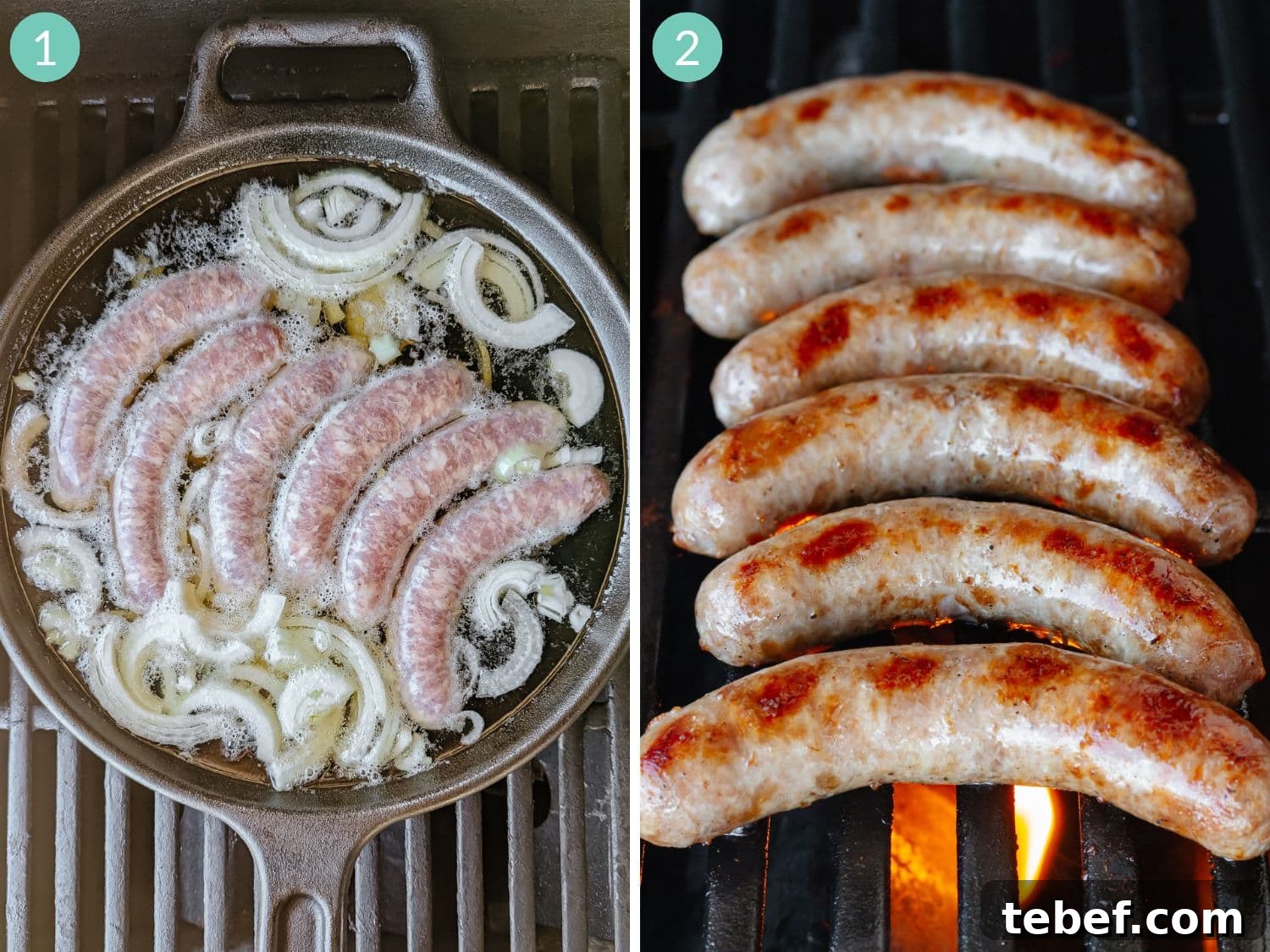 Grilled Bratwurst: Two Proven Methods for Perfect Brats 7 Numbered photo collage showing the simmer and grill method for cooking brats.