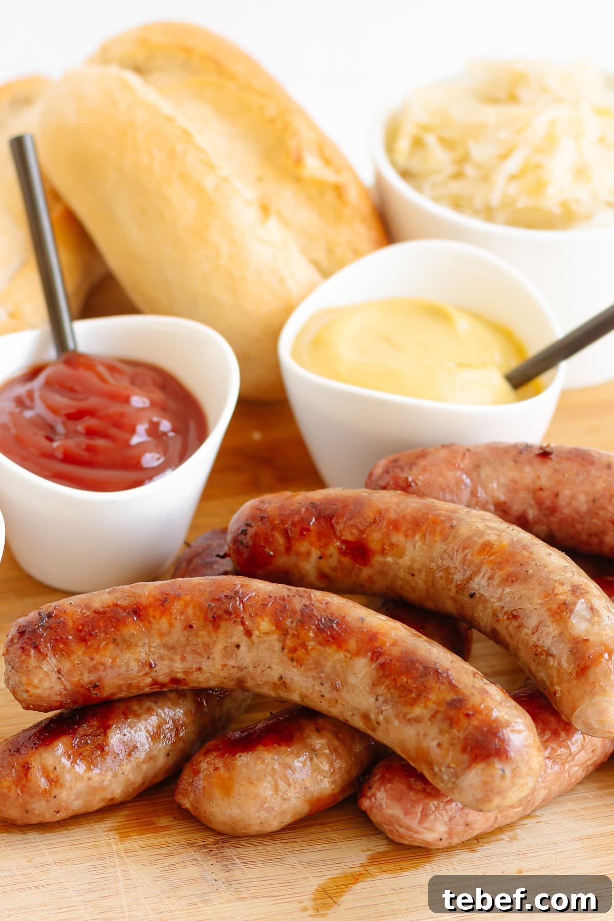 Grilled Bratwurst: Two Proven Methods for Perfect Brats 8 Grilled bratwurst on a wooden board with a pile of crusty buns and small bowls of toppings.