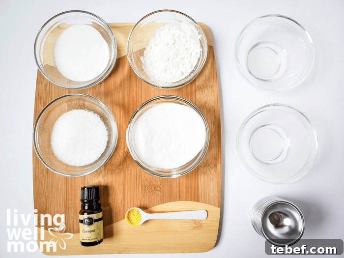 DIY Ultra-Hydrating Coconut Bath Bombs for Silky Skin 6 Ingredients for DIY bath bomb recipe including coconut oil.