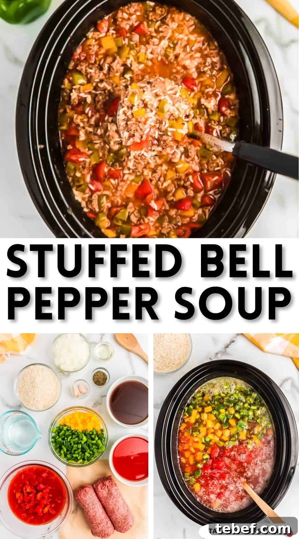 Slow Cooker Stuffed Pepper Soup Recipe for Comforting Weeknights 13 Pinterest pin image for stuffed bell pepper soup recipe