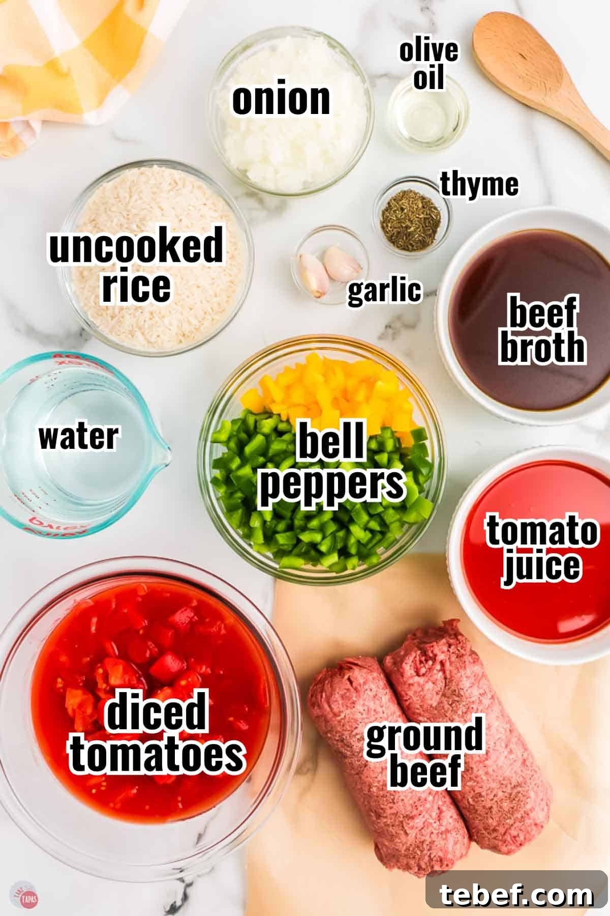 Slow Cooker Stuffed Pepper Soup Recipe for Comforting Weeknights 3 ingredients for a soup recipe in individual bowls with text overlay labeling them