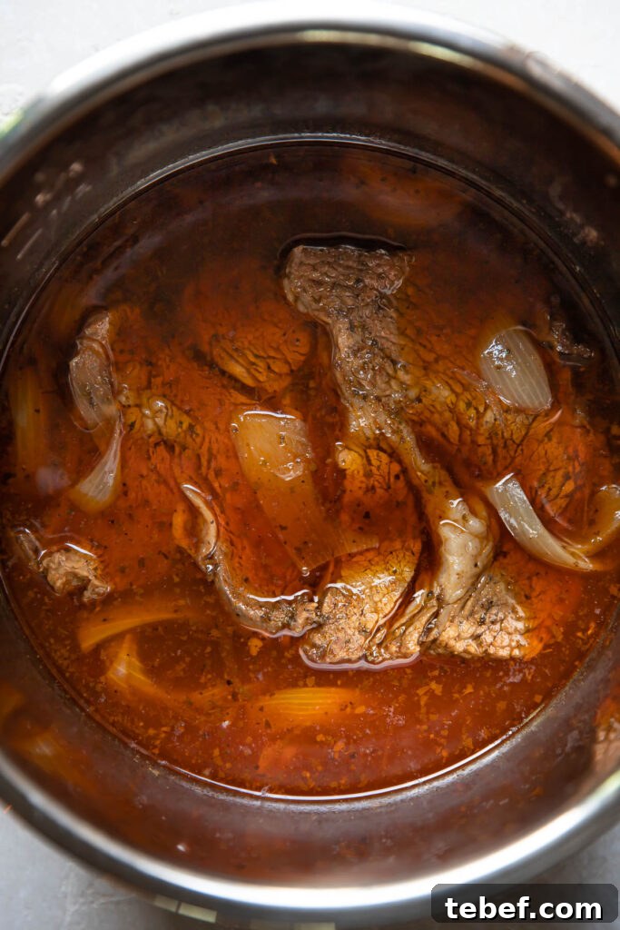 barbacoa in an instant pot with broth.
