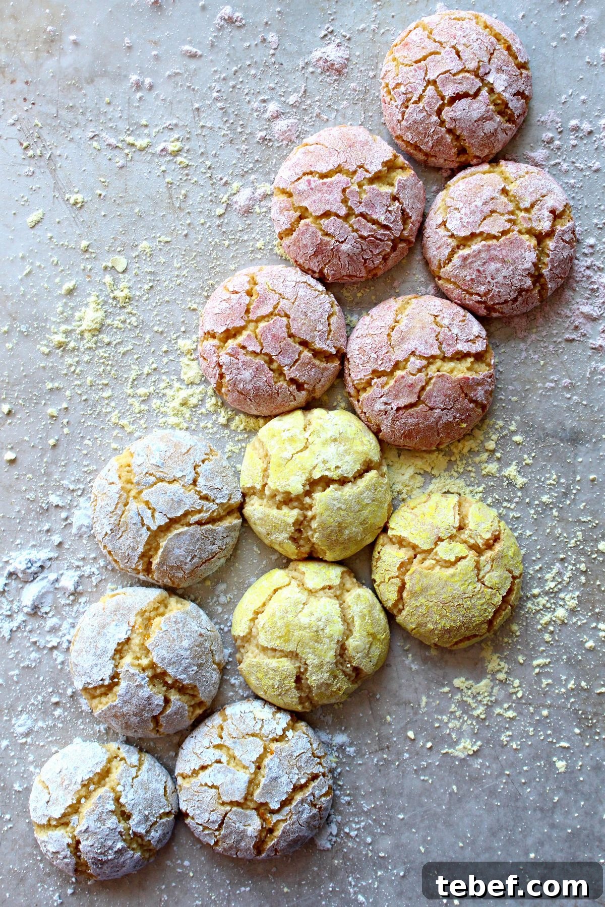 Flourless Soft Almond Cookies (Pasticcini di Mandorle) in pastel powdered sugar. Crackled topped almond cookies coated in pastel colored powdered sugar.