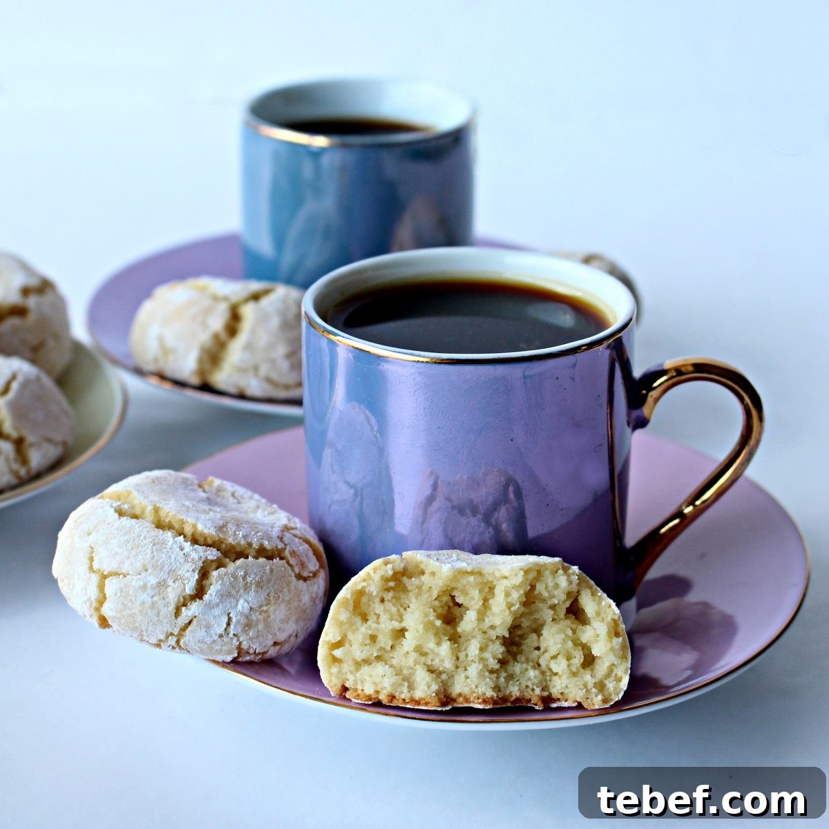 Soft interior of flourless almond cookie. Cookies on saucer of a coffee cup showing thick, fluffy interior of one cookie.