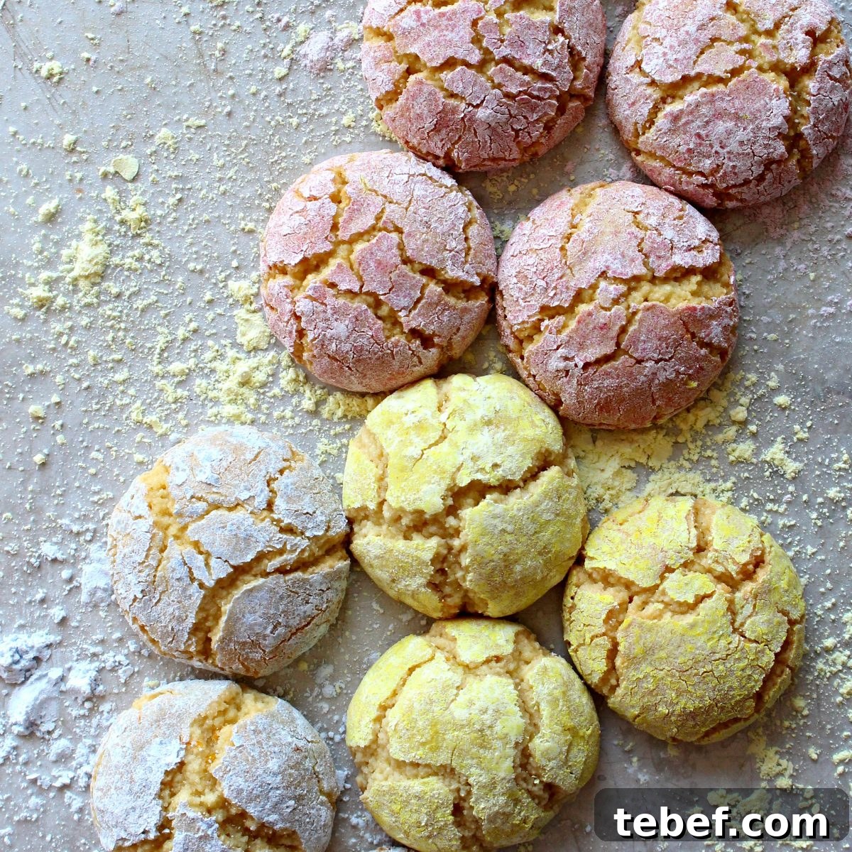 Closeup of pastel crackle almond cookies. Closeup of crackle topped dome cookies in pastel colors.