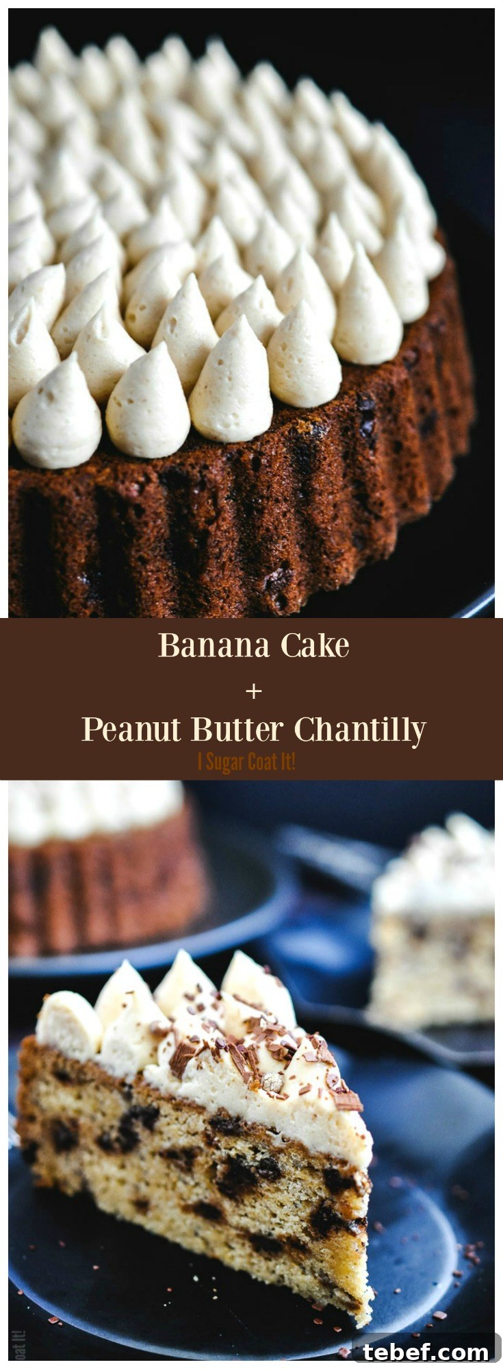 Banana Cake with Peanut Butter Chantilly Frosting 7 Banana Cake with Peanut Butter Chantilly is a lighter take on banana bread, speckled with bittersweet chocolate and topped with peanut butter chantilly.
