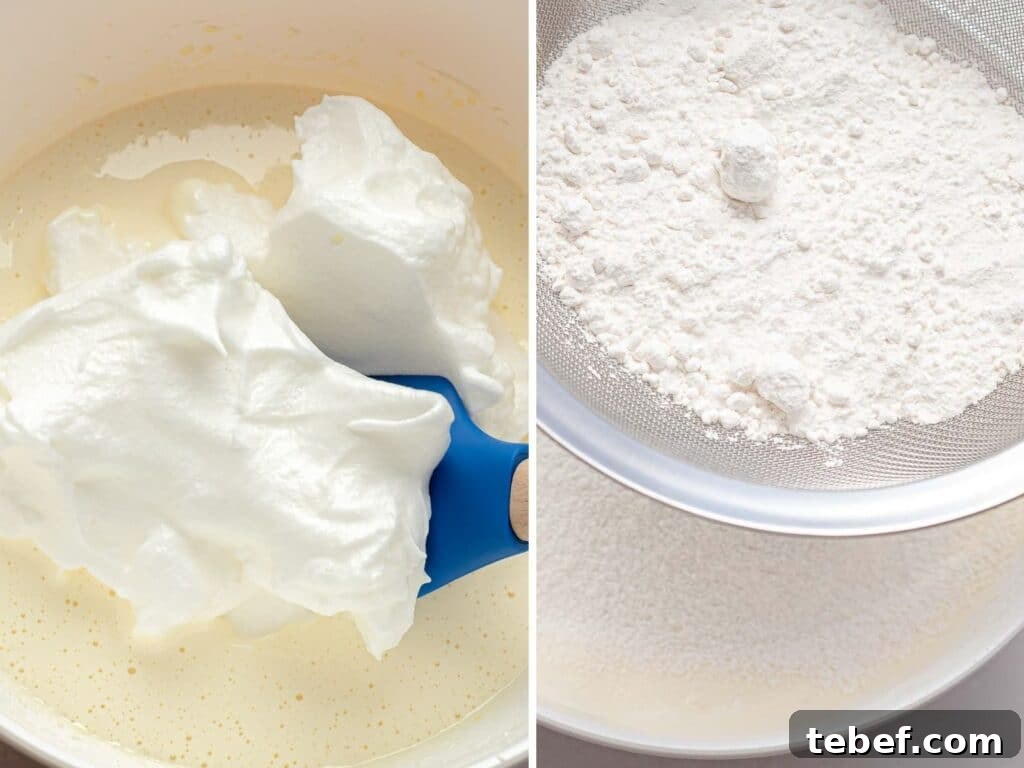 Authentic Japanese Strawberry Shortcake Recipe — Light, Fluffy Layers 21 side by side photos of beaten egg whites being added to sponge cake batter and cake flour sifted into batter