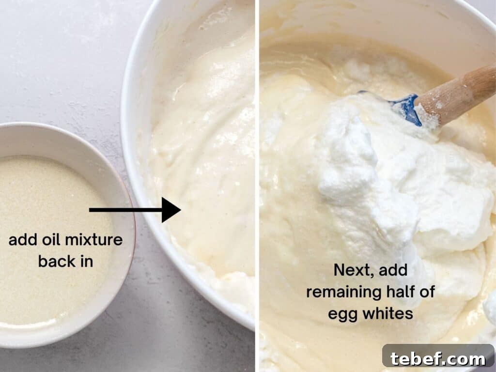 Authentic Japanese Strawberry Shortcake Recipe — Light, Fluffy Layers 22 two photos of oil mixture next to sponge cake batter and egg whites folded into the batter