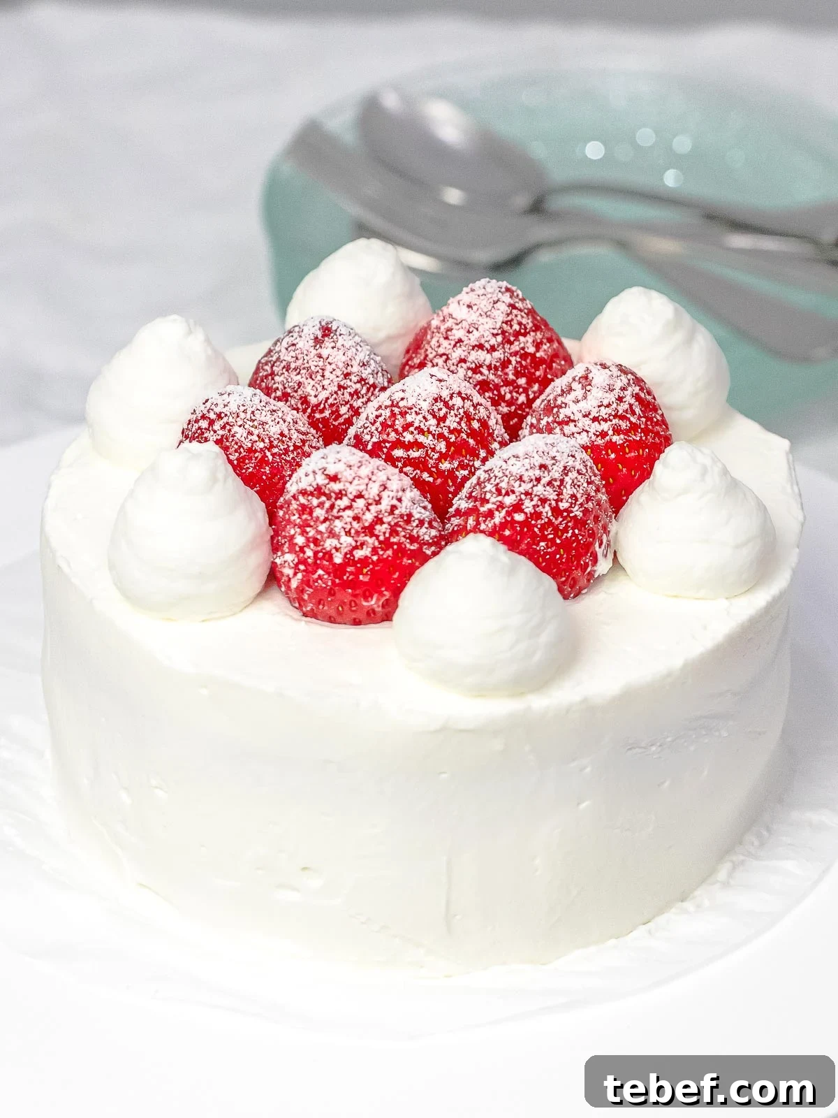 Authentic Japanese Strawberry Shortcake Recipe — Light, Fluffy Layers 5 Fresh strawberry cream cake decorated with whole strawberries, powdered sugar, and whipped cream next to plates and utensils