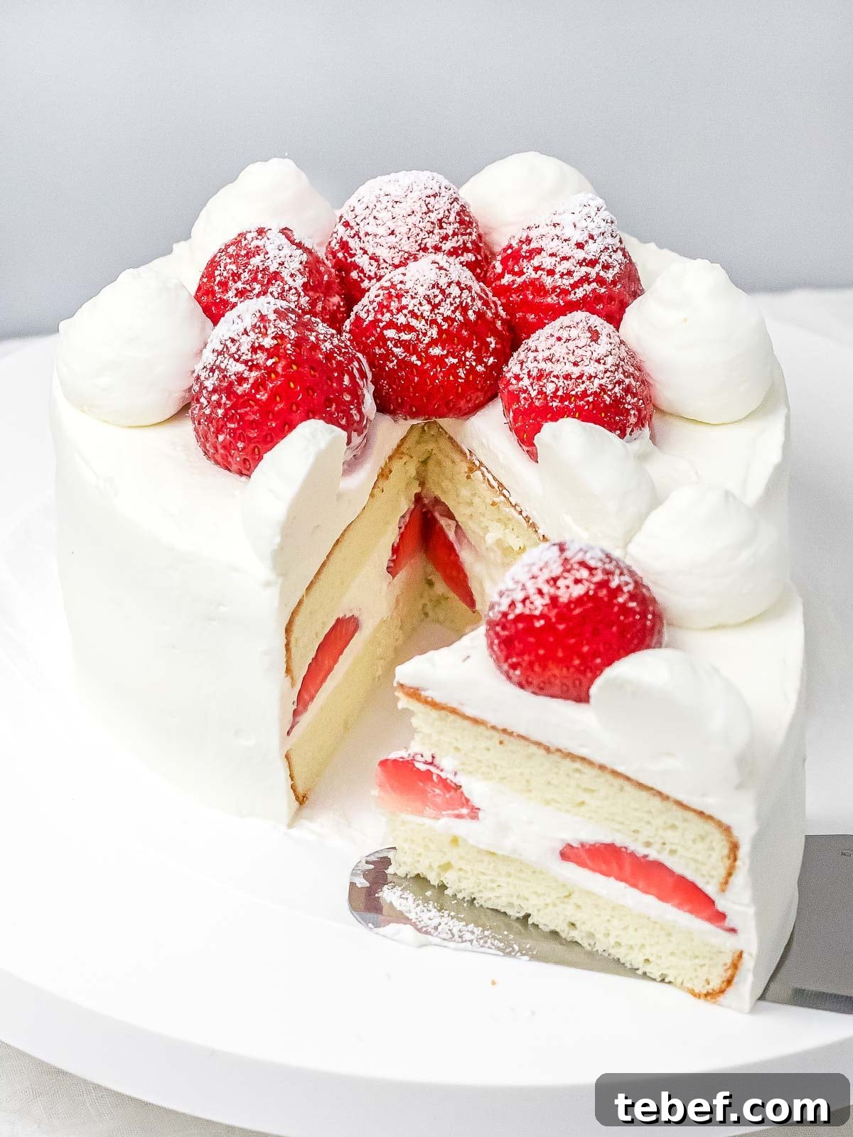 Authentic Japanese Strawberry Shortcake Recipe — Light, Fluffy Layers 9 a slice of fresh strawberry cream cake next to whole cake with strawberries and whipped cream