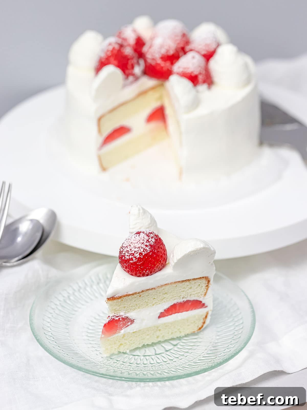 Authentic Japanese Strawberry Shortcake Recipe — Light, Fluffy Layers 10 a slice of Japanese strawberry shortcake on a glass plate with the whole cake in the background