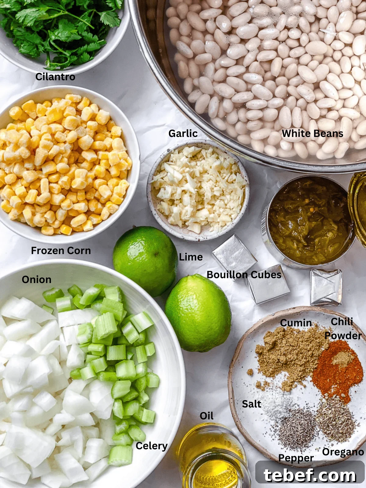 ingredients for Vegan White Bean Chili measured out on a white surface