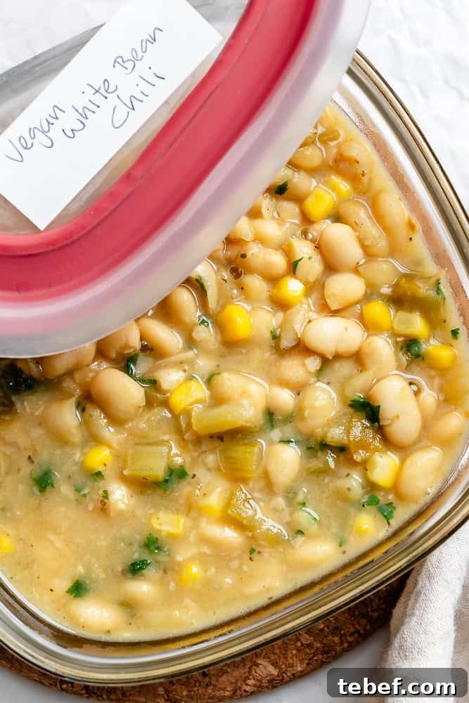 completed Vegan White Bean Chili in a storage container