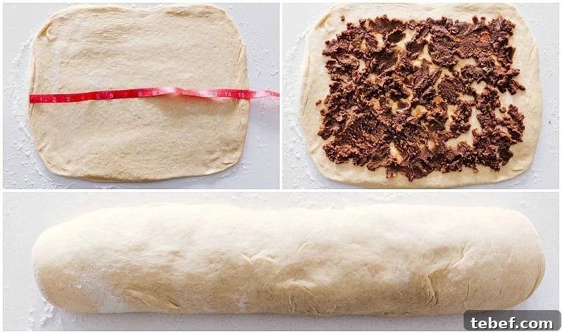 Rolling out the dough, adding cinnamon sugar, and forming the dough into a log to slice into individual rolls.