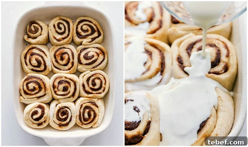 Adding the secret ingredient (heavy cream) to the prepared pan of these homemade cinnamon rolls.