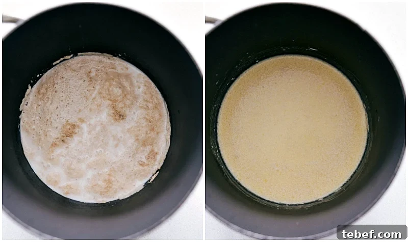 Adding egg/butter mixture to yeast/milk mixture in a pot.