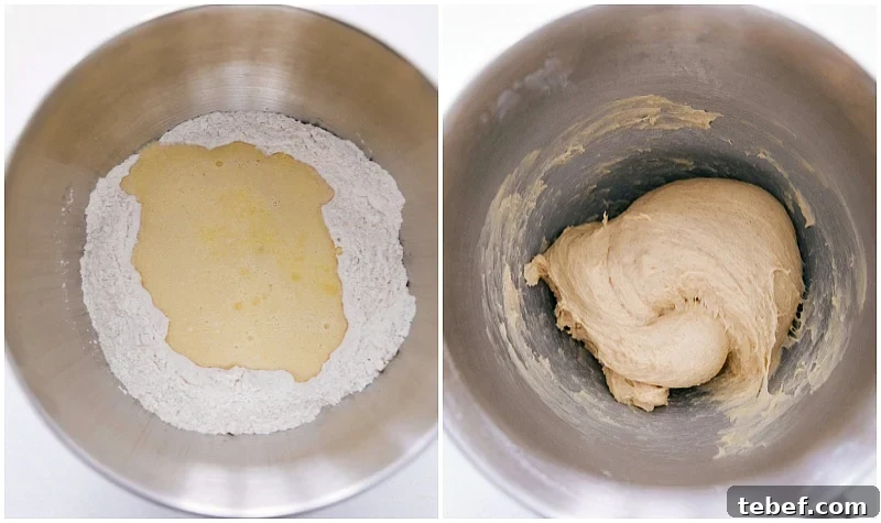 Whisking together dry ingredients, adding in wet, and mixing it all together with the wet ingredients to form the dough.