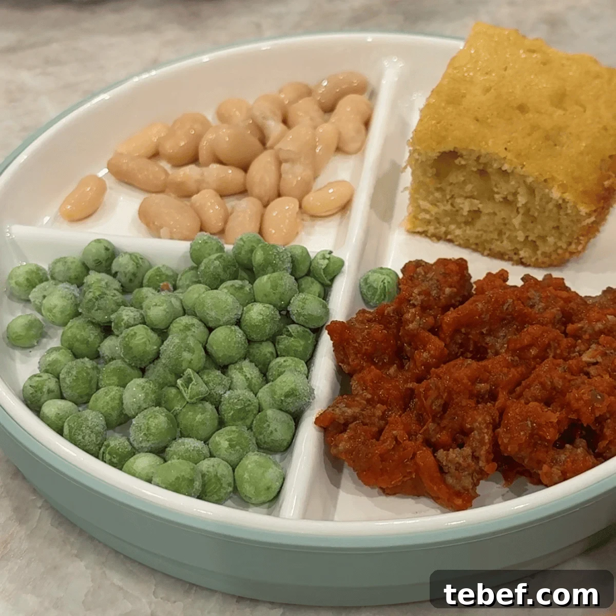 Balanced Plate with Peas, White Beans, Corn Bread and Meatballs