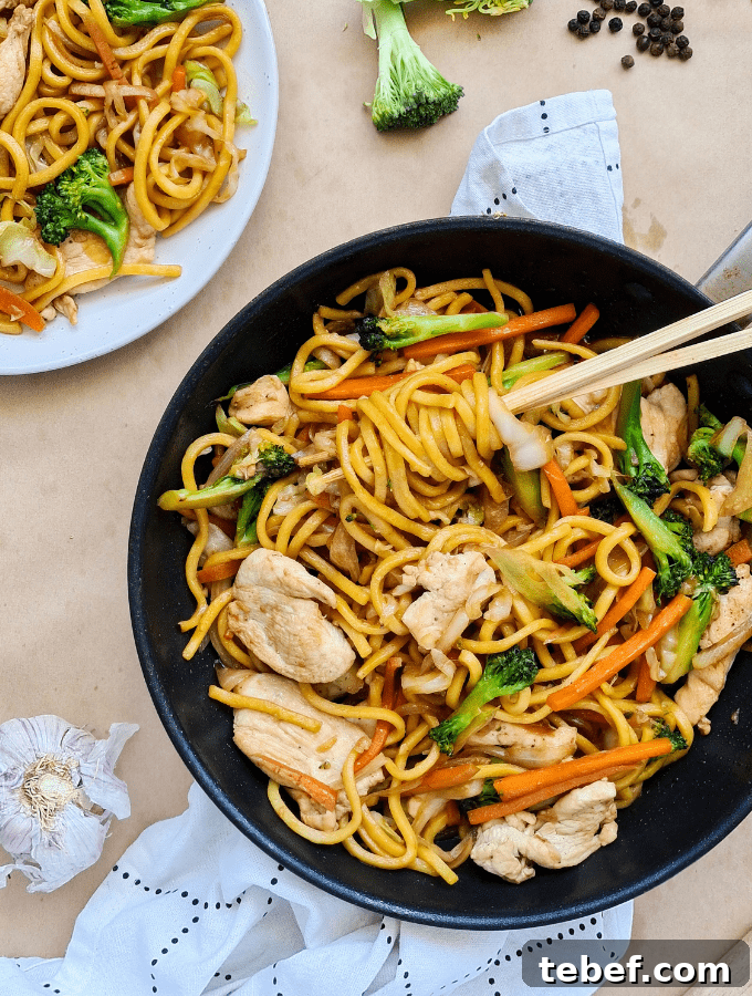 Chicken Noodle Stir-Fry with Garlic Soy Glaze 2 Freshly cooked chicken with noodles stir fry and vegetables in a non-stick pan. Fresh garlic and a tea towel in the background