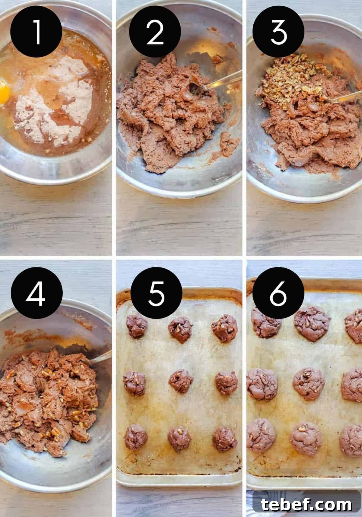 Prep image collage showing 6 images of cookie dough being made then baked.
