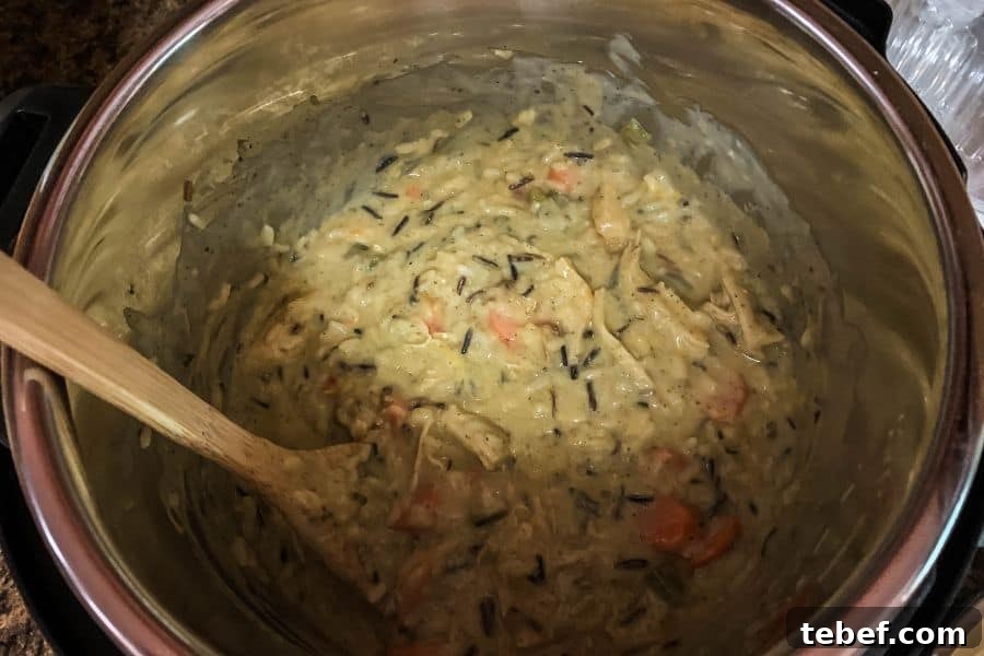 Creamy Instant Pot Chicken with Wild Rice Casserole 6 creamy chicken and wild rice casserole in the insert pot of the Instant Pot