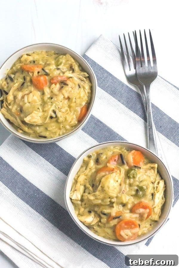 Creamy Instant Pot Chicken with Wild Rice Casserole 7 two white bowls filled with creamy pressure cooker chicken and wild rice casserole, on top of a blue and white striped napkin