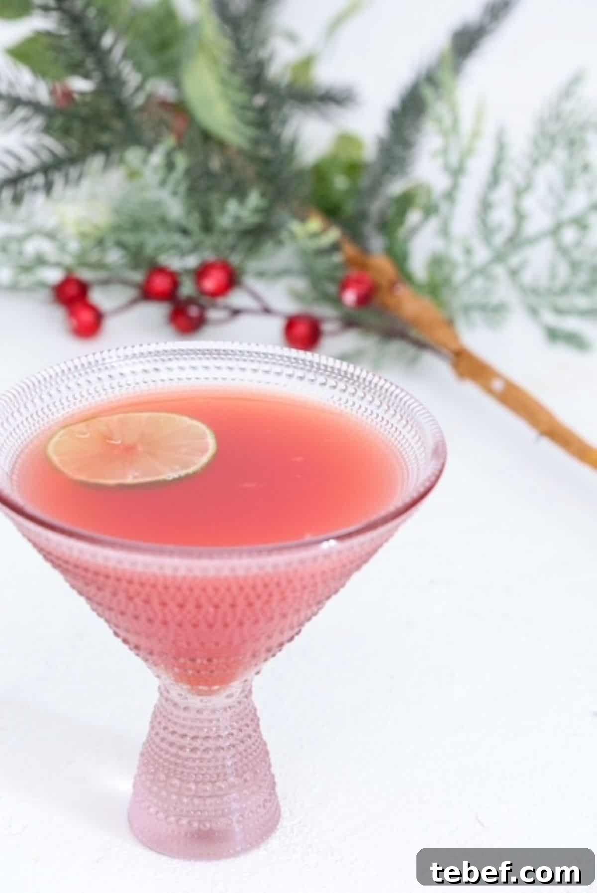 One decorative martini style glass with Christmas punch topped with a slice of lime. A Christmas tree branch is in the background.