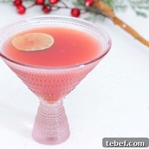 Christmas Holiday Punch in a martini style glass topped with a slice of fresh lime.