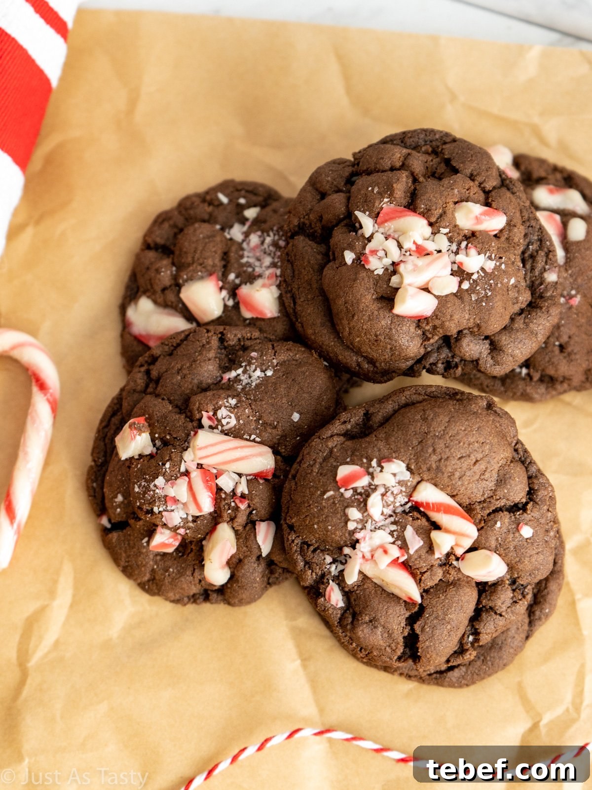 Gluten-Free Eggless Peppermint Mocha Cookies Recipe 2 Chocolate cookies topped with crushed candy canes on brown parchment paper.