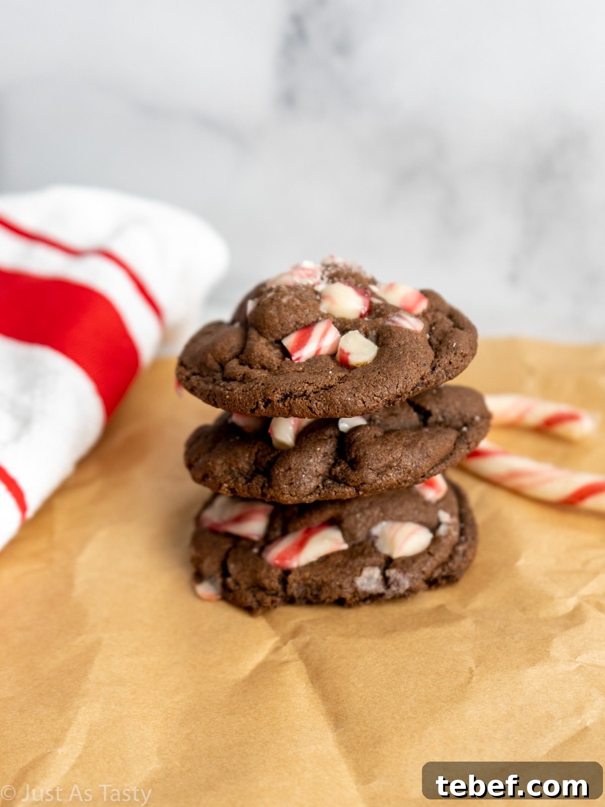 Gluten-Free Eggless Peppermint Mocha Cookies Recipe 3 Stack of three peppermint mocha cookies.
