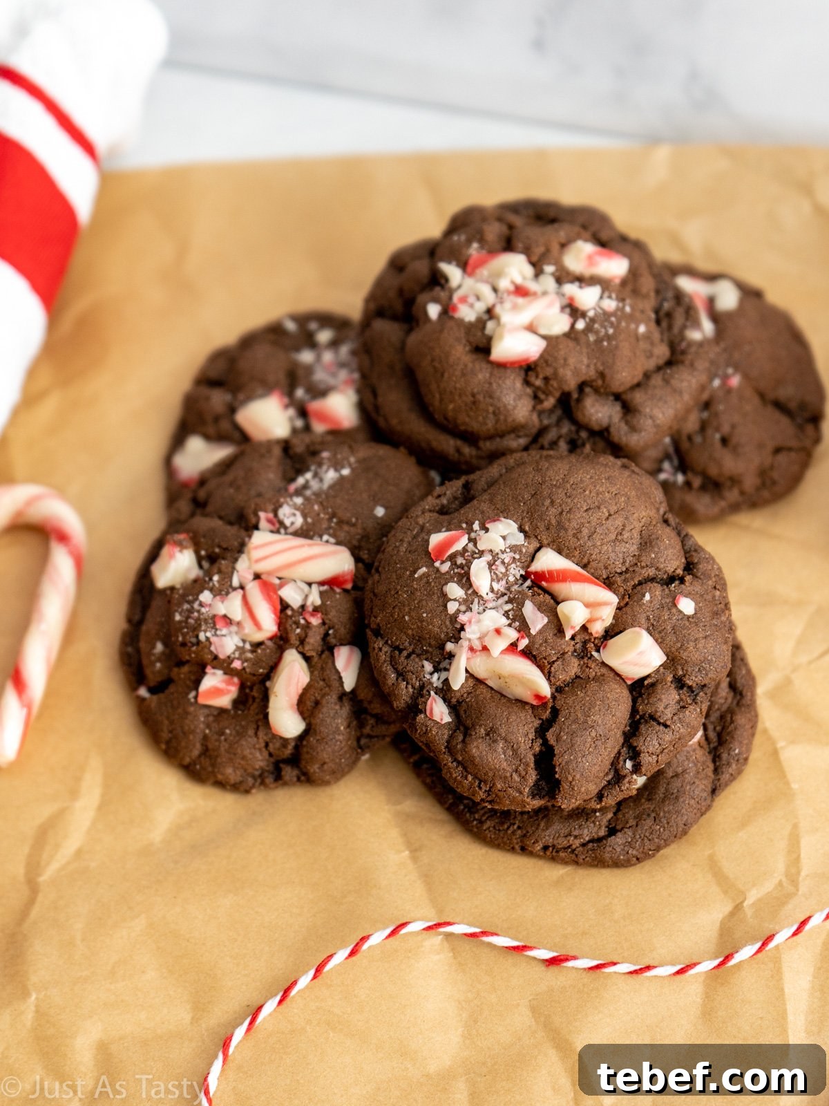 Gluten-Free Eggless Peppermint Mocha Cookies Recipe 4 Peppermint mocha cookies on parchment paper.