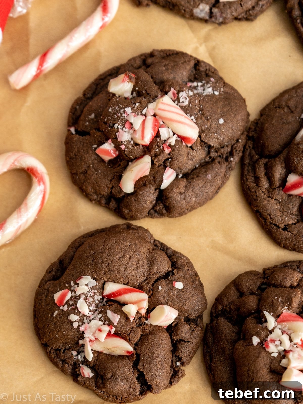 Gluten-Free Eggless Peppermint Mocha Cookies Recipe 5 Close-up of chocolate cookies topped with crushed candy canes.