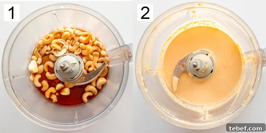 split view with a food processor on the left with cashews and soy sauce in it, and the same processor on the right with a creamy light brown liquid in it.