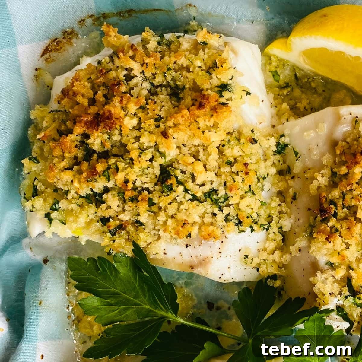 Baked cod with panko, lemon and parsley.