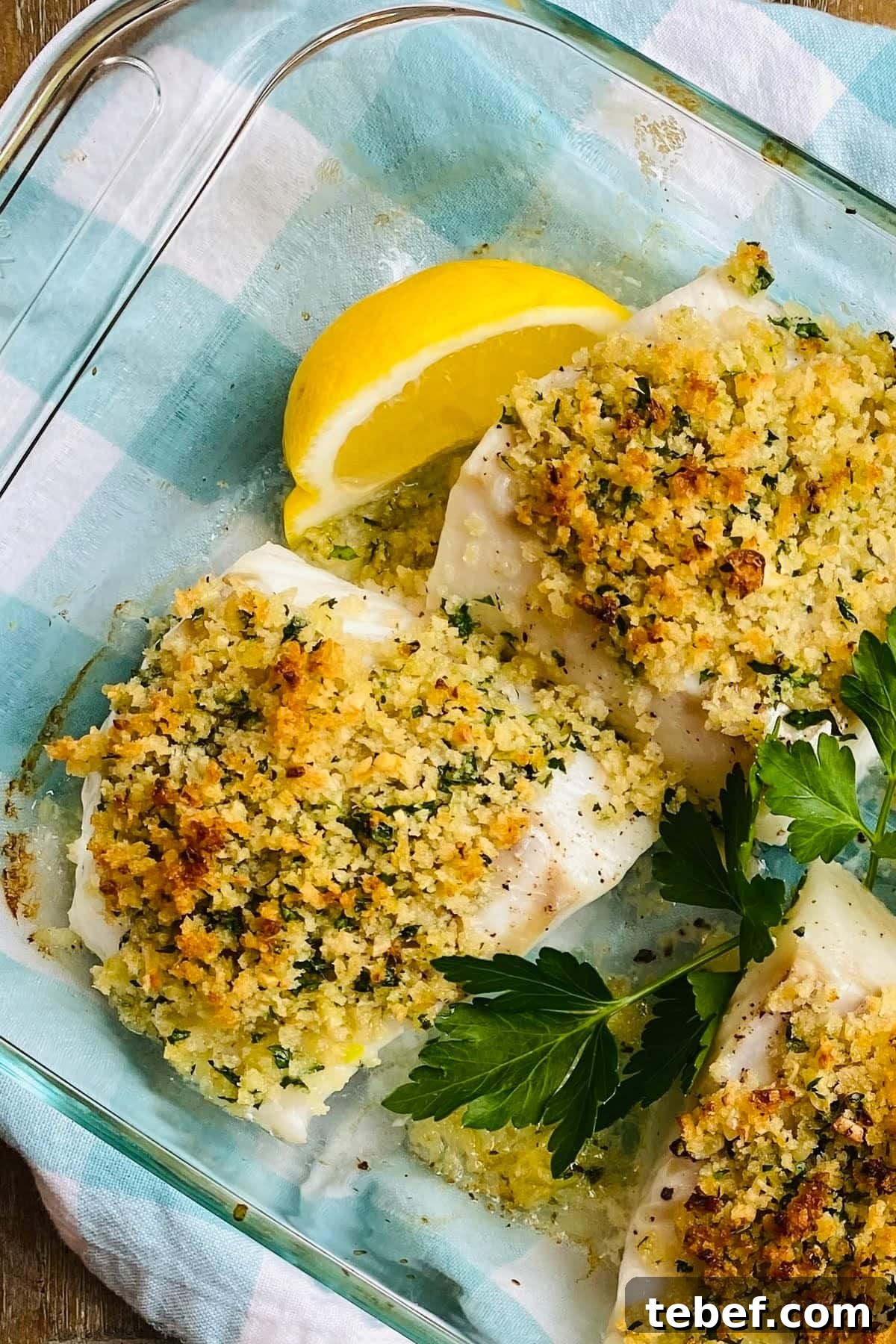 Cod baked and topped with garlic herb panko.