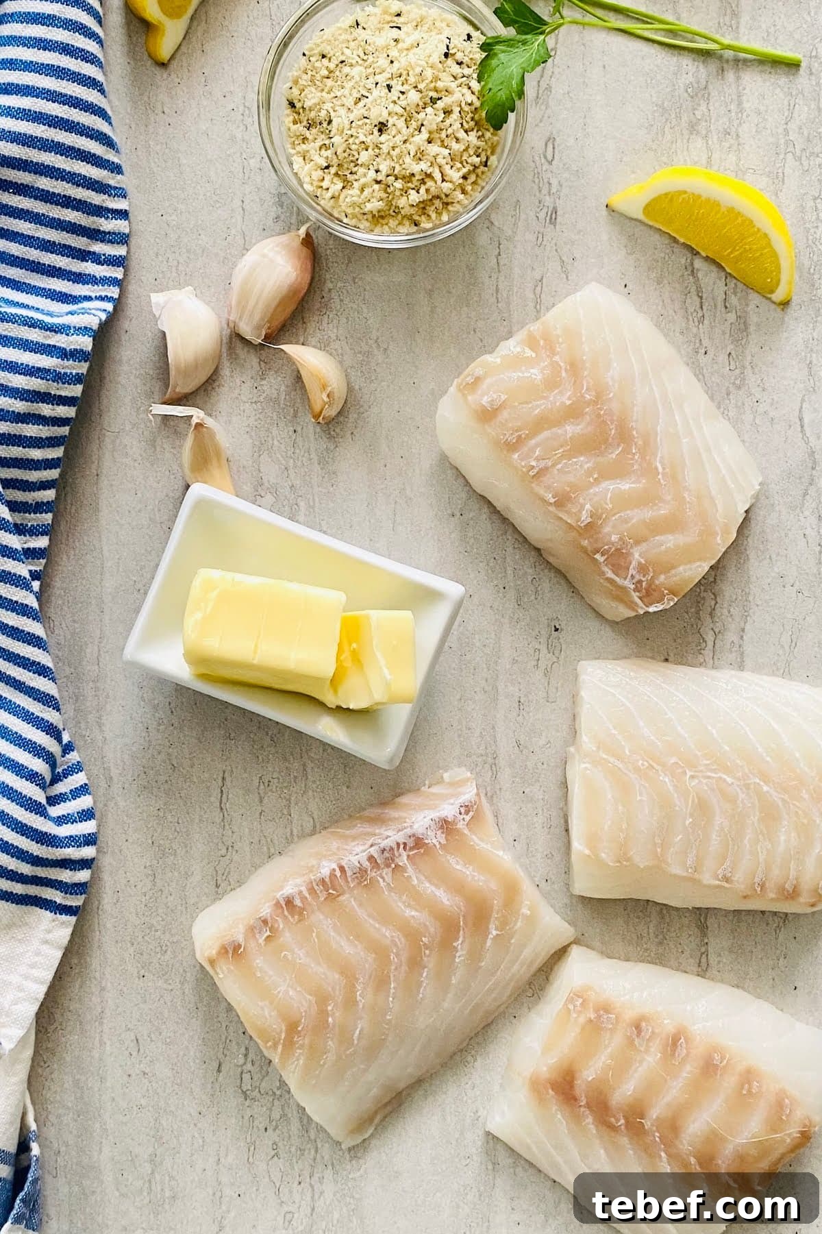 Cod, panko, lemon, butter, garlic and parsley.