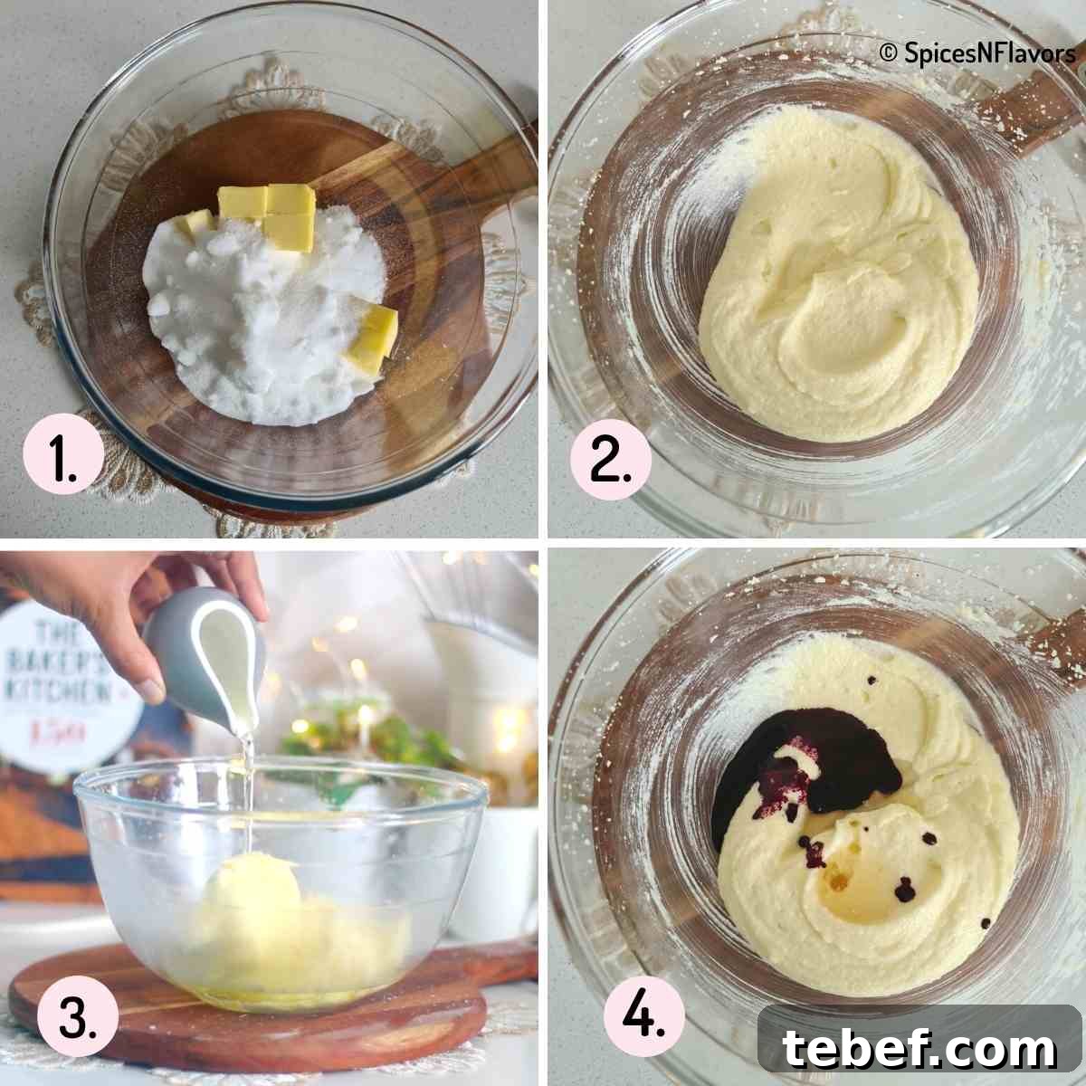 Eggless Red Velvet Cupcakes Without Buttermilk — Moist Recipe 4 collage of images explaining how to beat butter and sugar