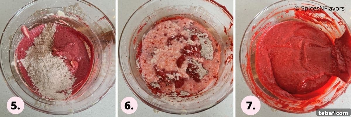 Eggless Red Velvet Cupcakes Without Buttermilk — Moist Recipe 5 collage of steps showing how to add dry and wet ingredients to make the cupcake batter