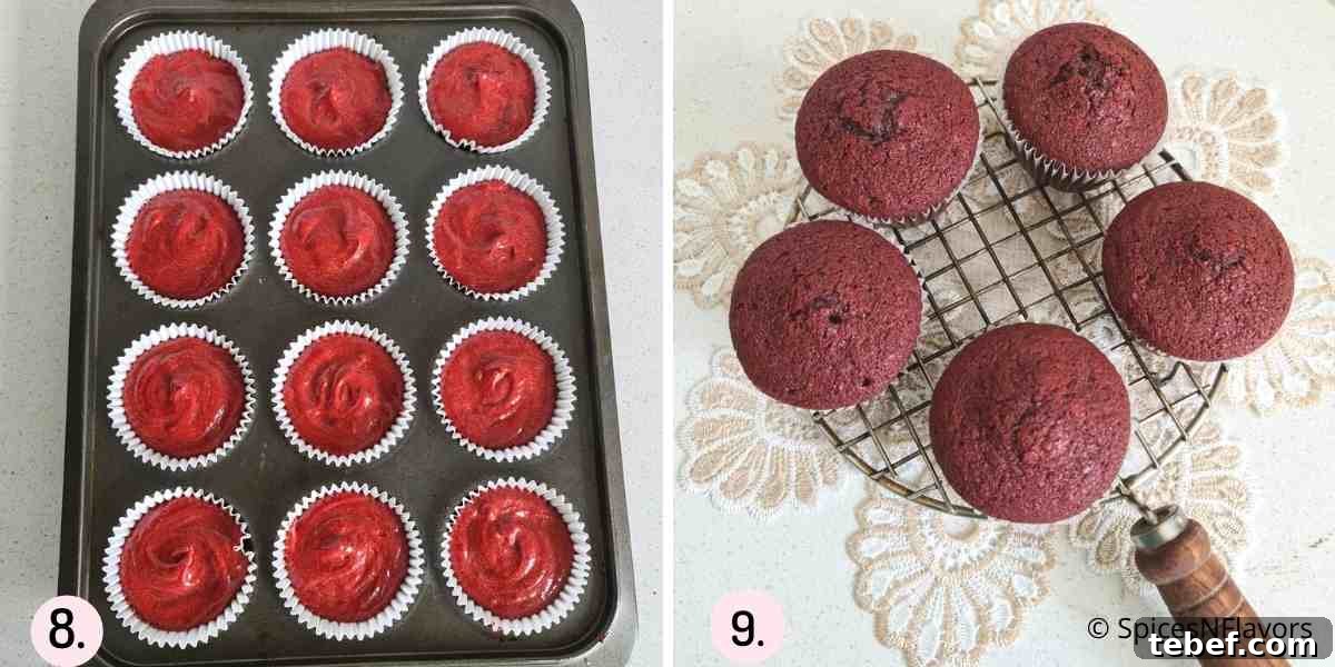 Eggless Red Velvet Cupcakes Without Buttermilk — Moist Recipe 6 collage of images showing how to fill the cupcake liners with the batter