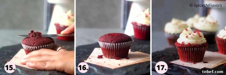 Eggless Red Velvet Cupcakes Without Buttermilk — Moist Recipe 9 collage of steps explaining how to diy cake crumbs from cupcake dome