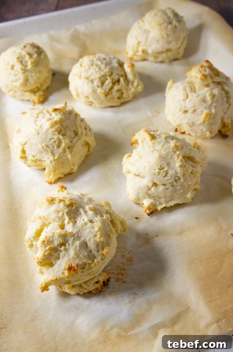 Flaky No-Knead Drop Biscuits Recipe for Quick Homemade Baking 5 A baking sheet with drop biscuits baked on it.