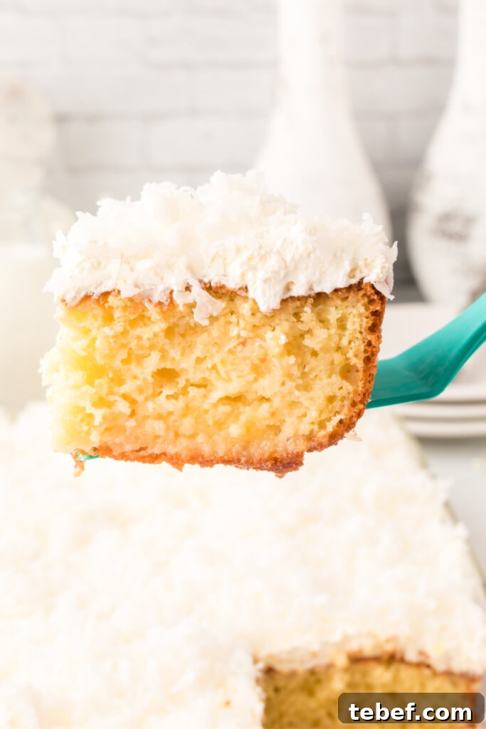 Coconut Cream Poke Cake Recipe — Moist, Tropical Dessert 3 slice of cake on spatula over cake pan